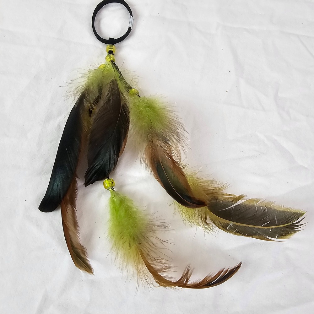 Boho Green Feather Hair Accessory Elastic Band Tribal Costume Bead Detail